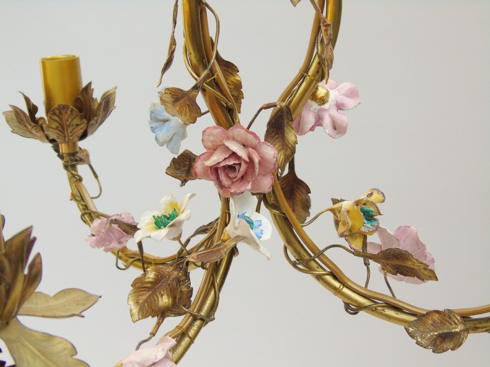 Antique Gilt Bronze & Ceramic Floral Chandelier French View III