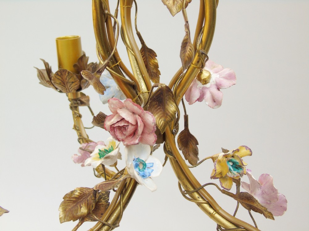 Antique Gilt Bronze & Ceramic Floral Chandelier French View IV