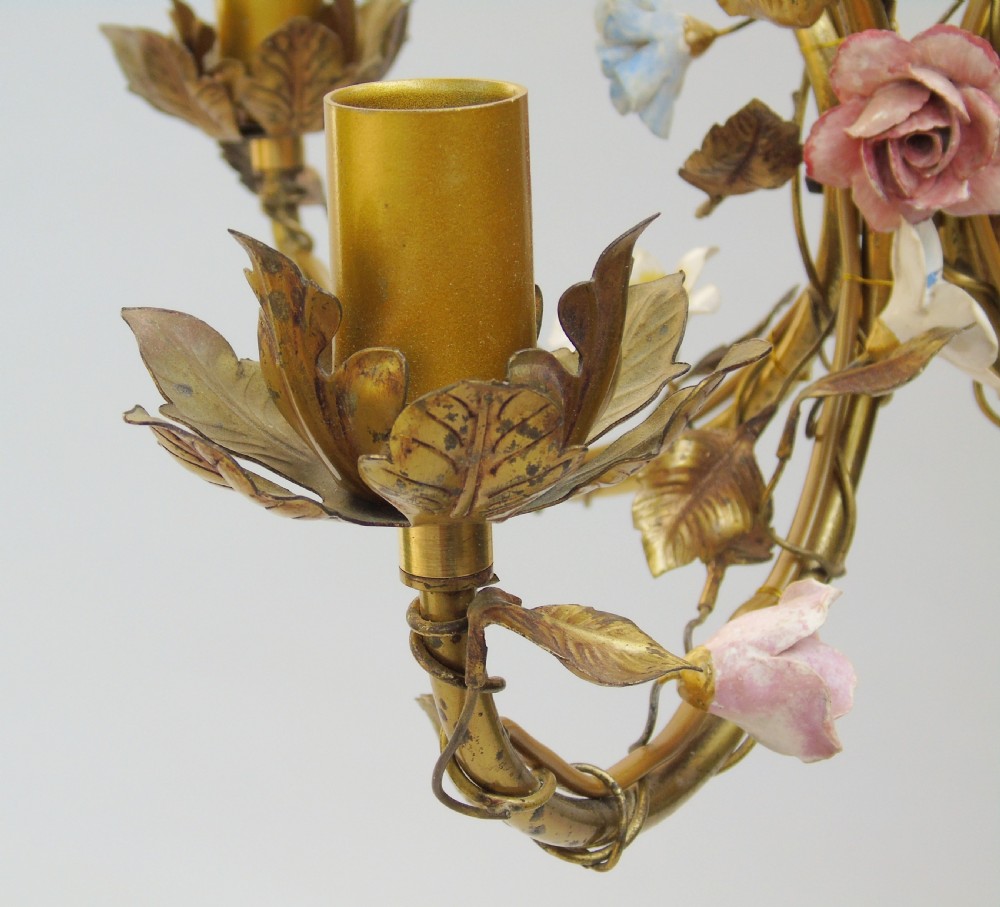Antique Gilt Bronze & Ceramic Floral Chandelier French View V