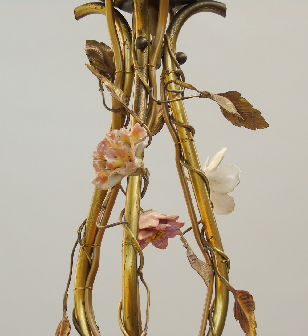 Antique Gilt Bronze & Ceramic Floral Chandelier French View VI