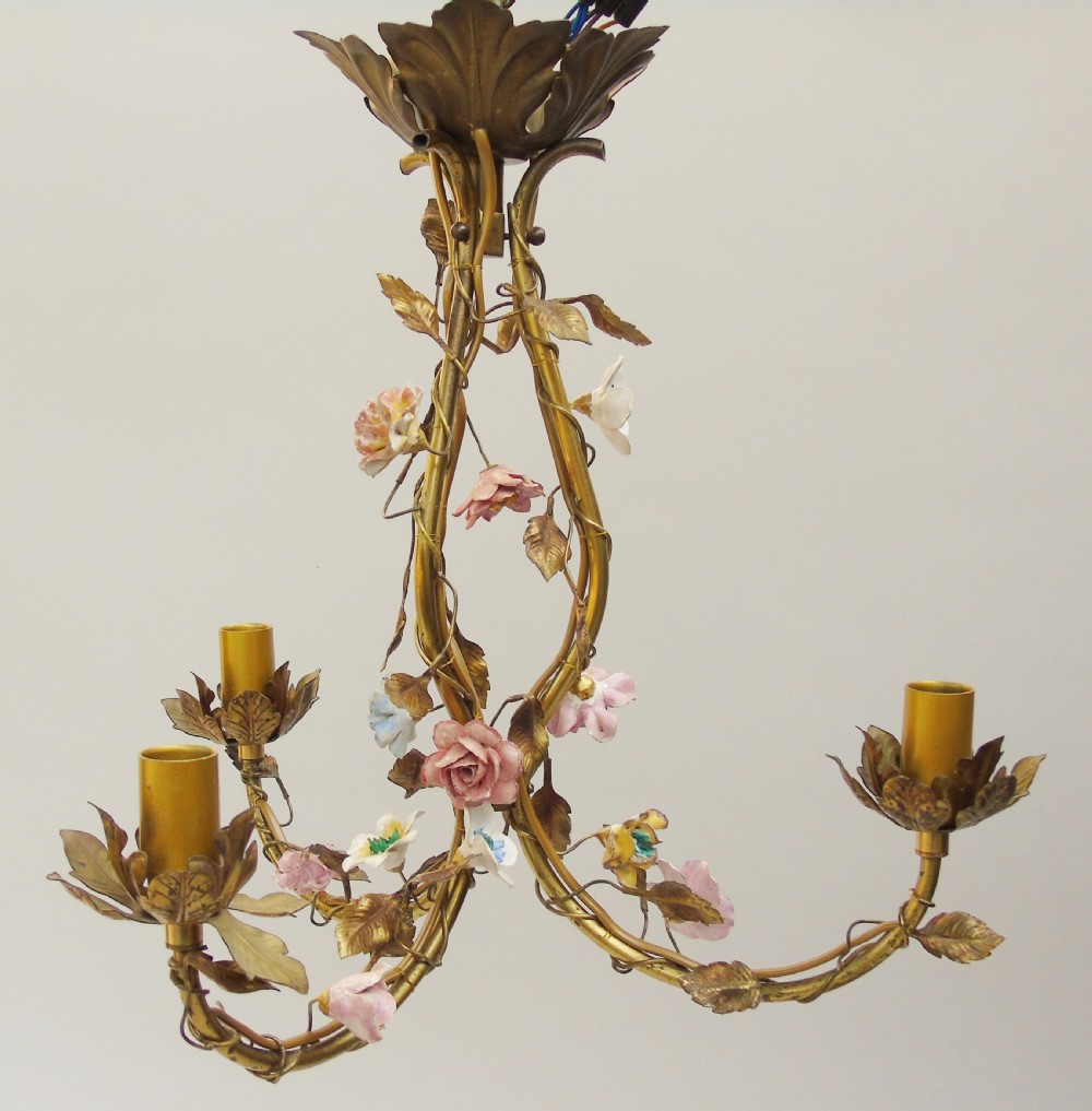 Antique Gilt Bronze & Ceramic Floral Chandelier French View VII