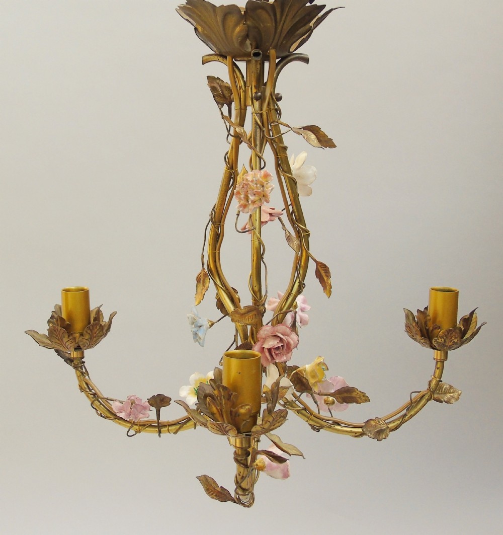 Antique Gilt Bronze & Ceramic Floral Chandelier French View VIII