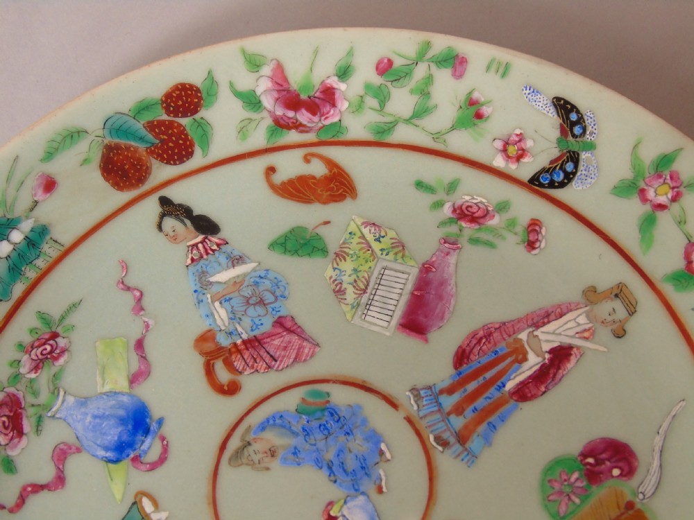 Antique Chinese Enamelled Famille Rose Celadon Dish View II