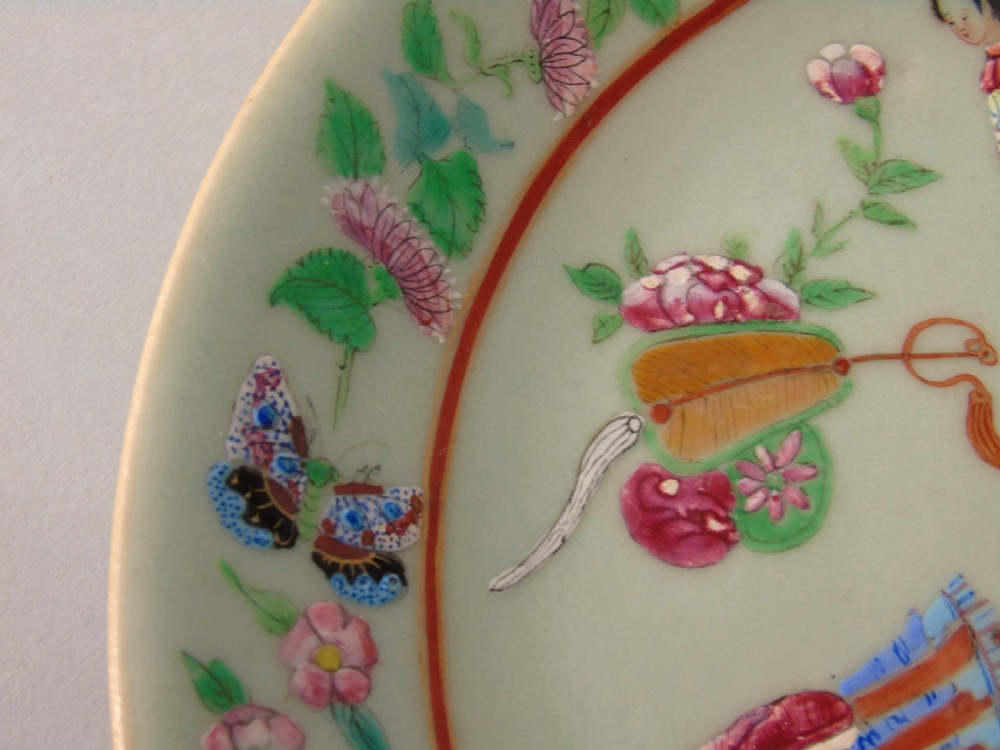 Antique Chinese Enamelled Famille Rose Celadon Dish View III