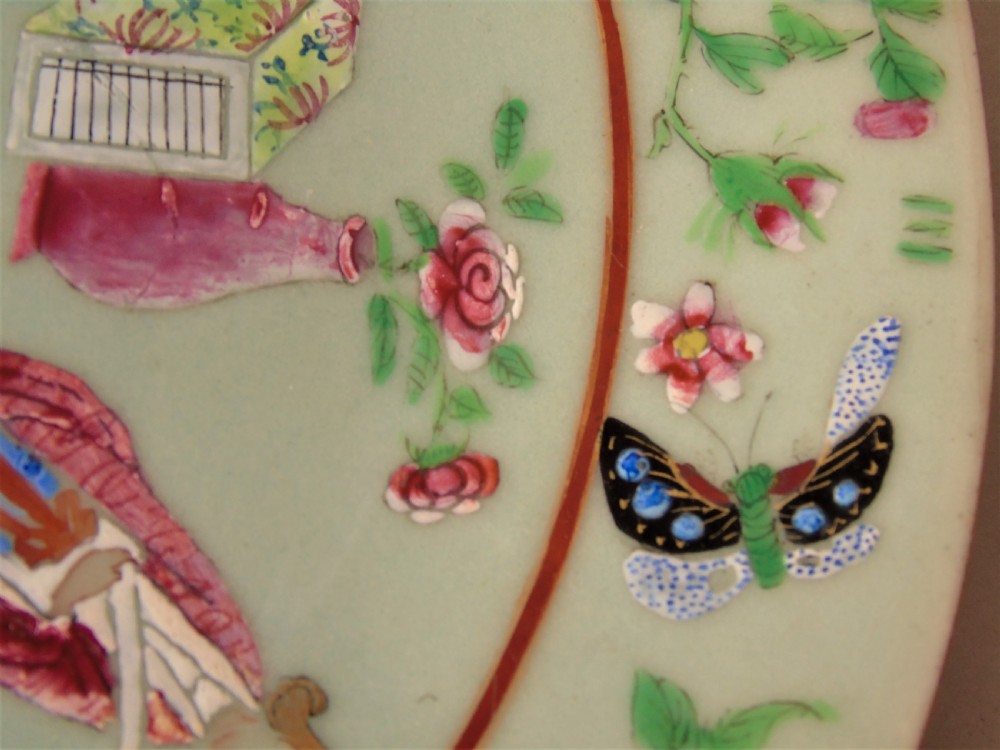 Antique Chinese Enamelled Famille Rose Celadon Dish View IV