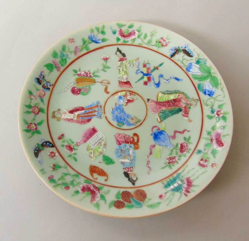 Antique Chinese Enamelled Famille Rose Celadon Dish View V