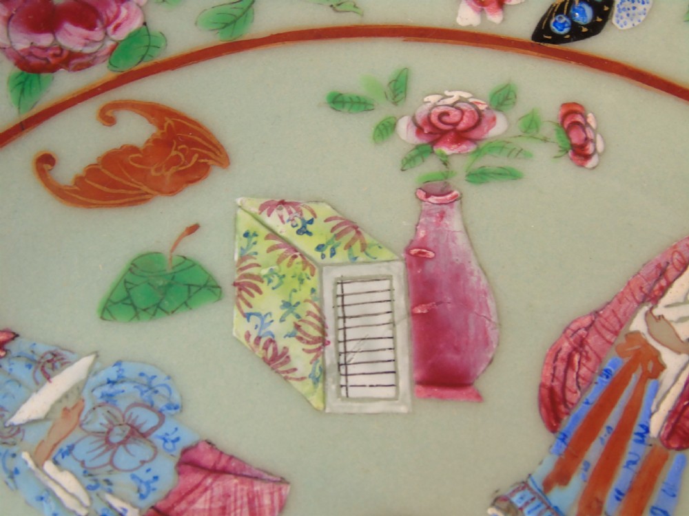 Antique Chinese Enamelled Famille Rose Celadon Dish View VII