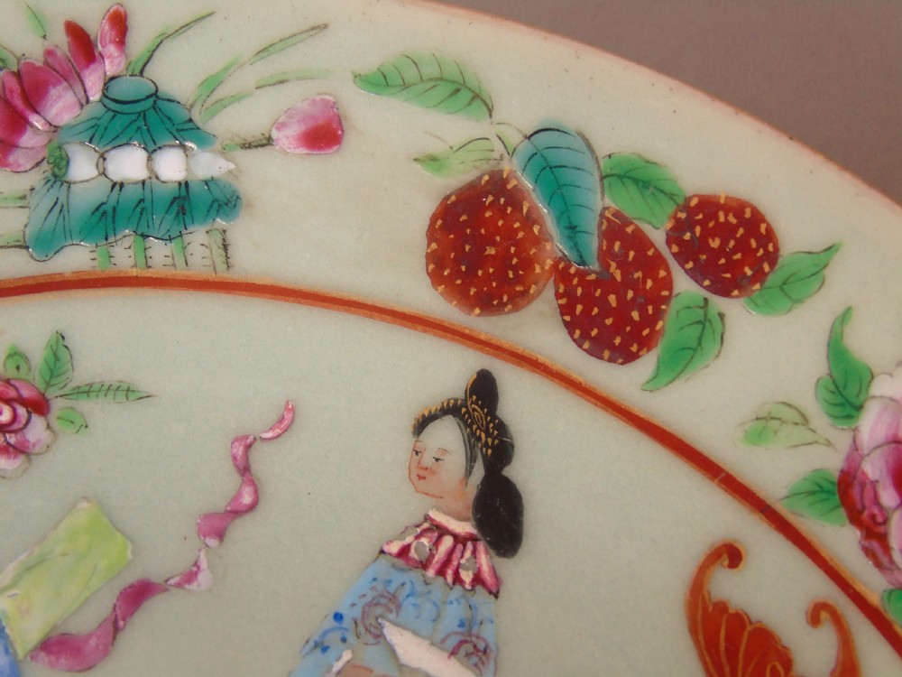 Antique Chinese Enamelled Famille Rose Celadon Dish View VIII