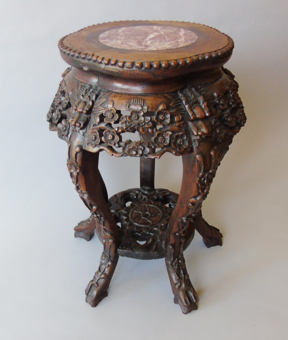 Antique Chinese Rosewood Plant Stand with Marble Top