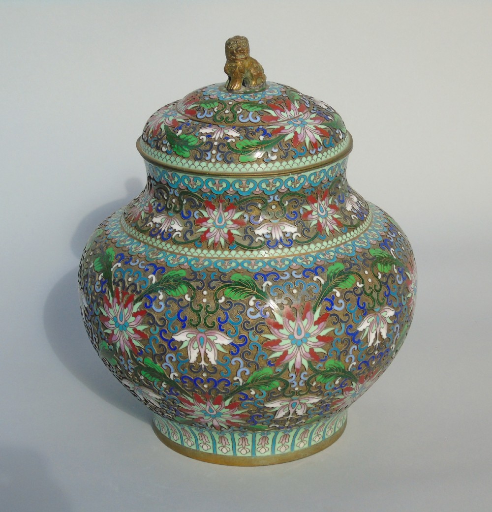 Antique Large Chinese Champleve Enamel Vase and Cover