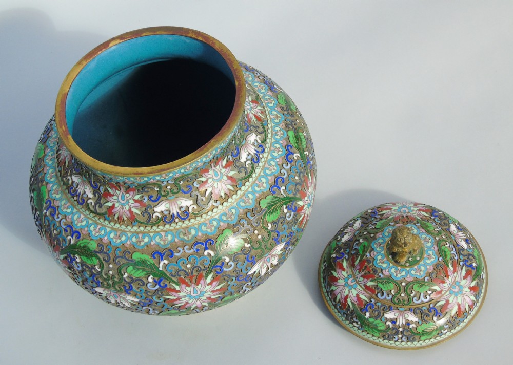 Antique Large Chinese Champleve Enamel Vase and Cover View IX