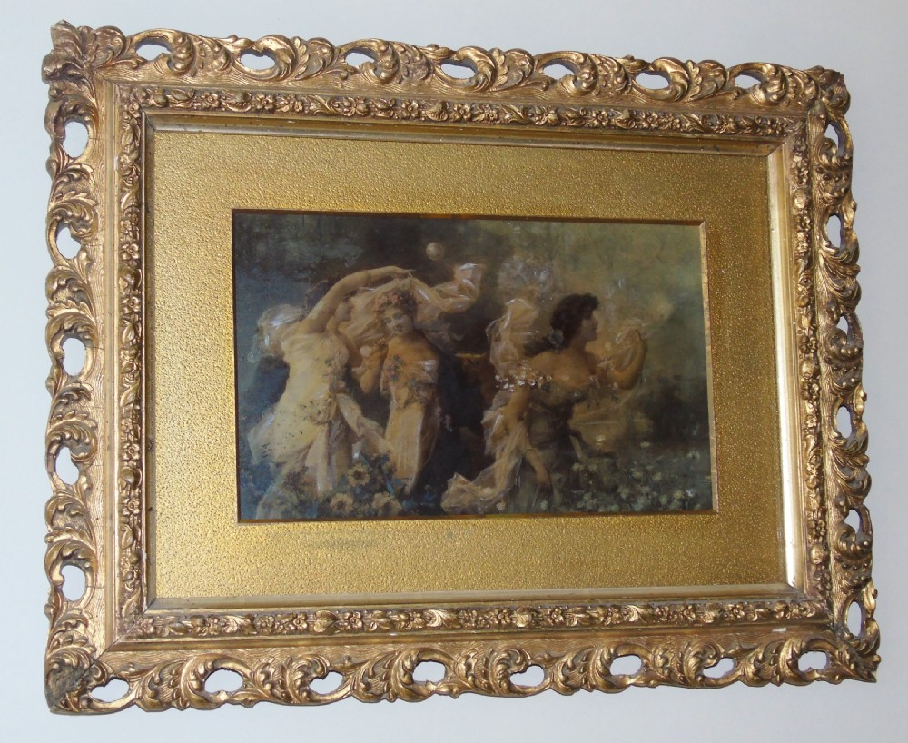 Beautiful Antique Crystoleum Reverse Painting on Glass Maidens