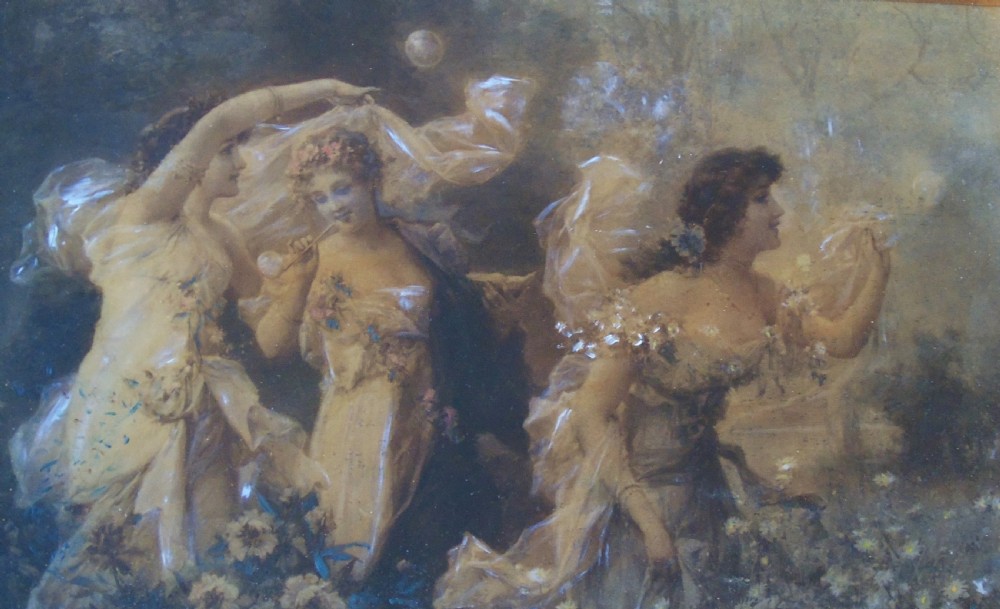 Beautiful Antique Crystoleum Reverse Painting on Glass Maidens View II