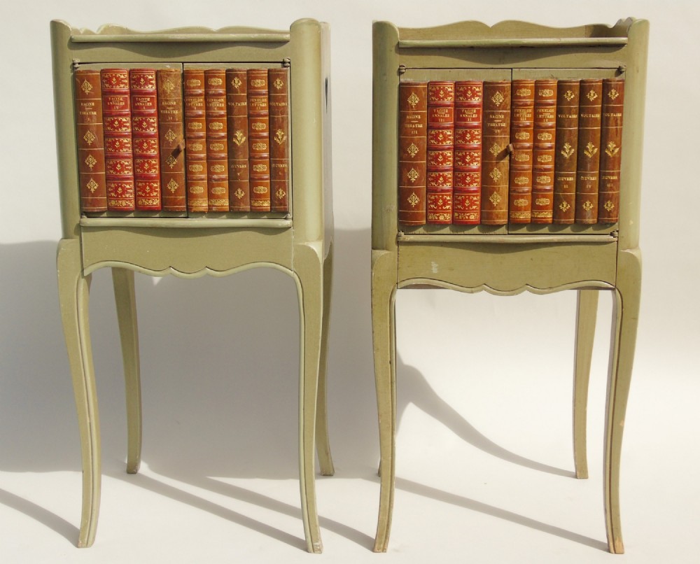 Antique Pair Painted Bedside Cabinets Leather Volumes