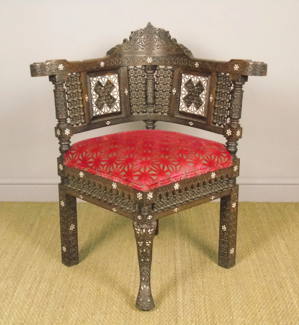 Antique Inlaid Syrian Hardwood Corner Armchair
