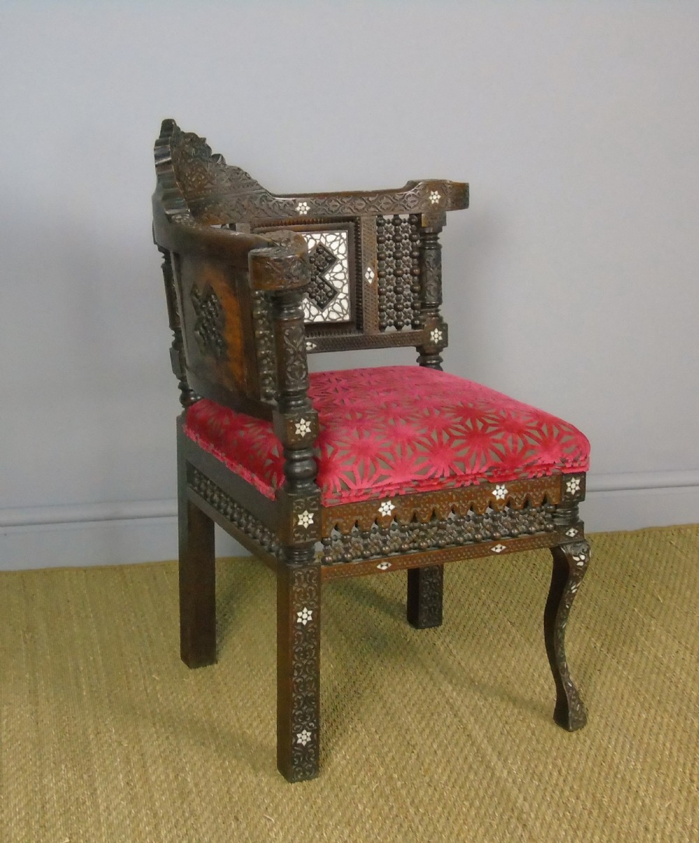 Antique Inlaid Syrian Hardwood Corner Armchair View III