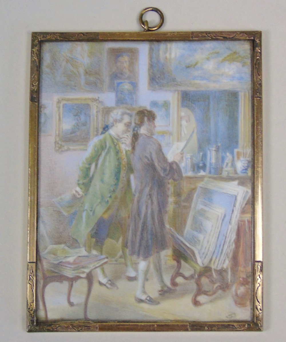 19th Century Miniature Painting of Two Gentlemen in an Artists Studio