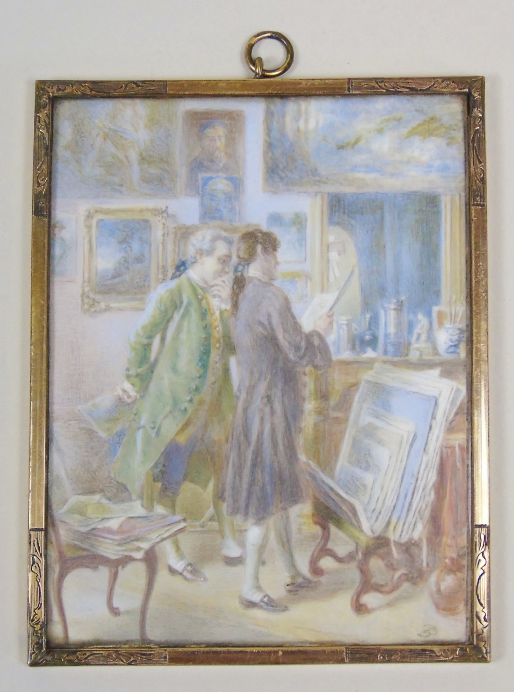 19th Century Miniature Painting of Two Gentlemen in an Artists Studio View II