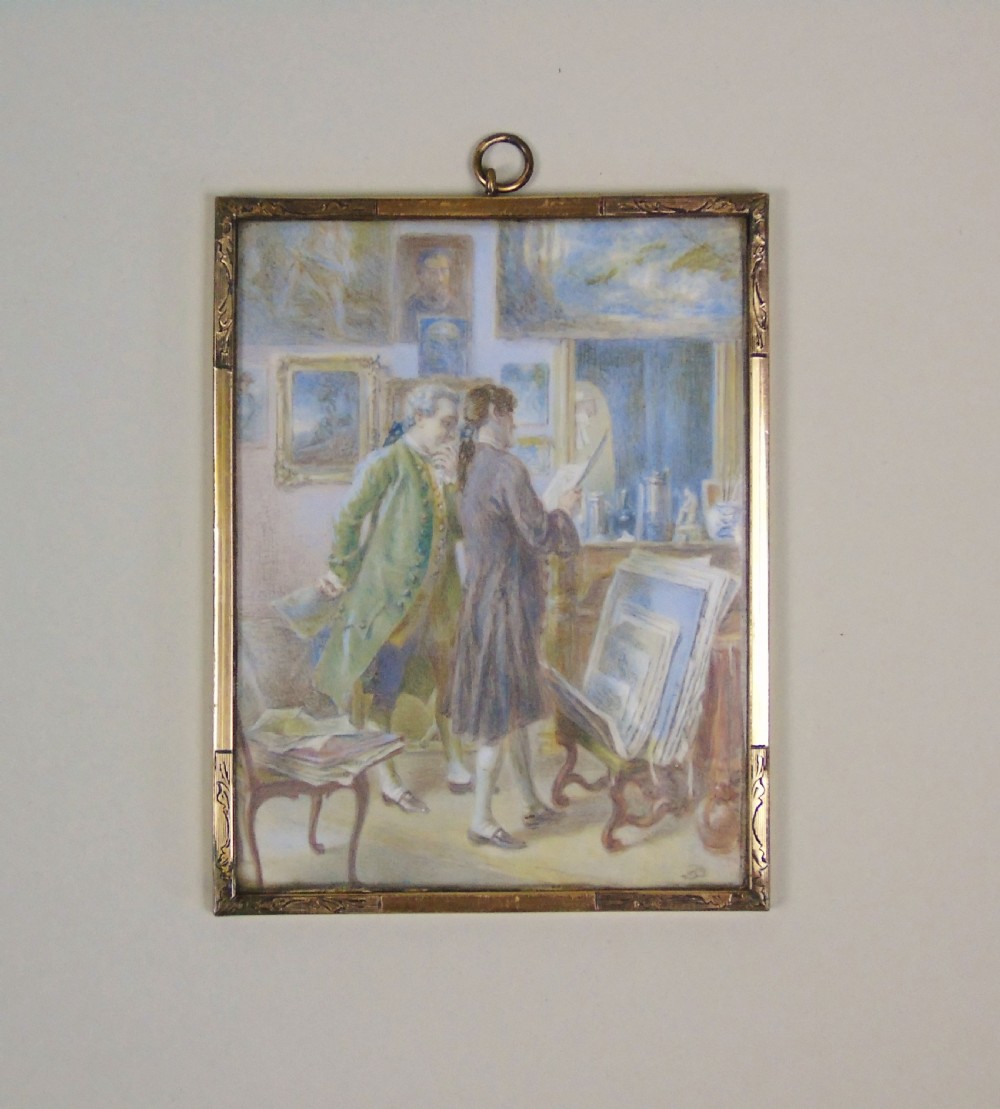 19th Century Miniature Painting of Two Gentlemen in an Artists Studio View III