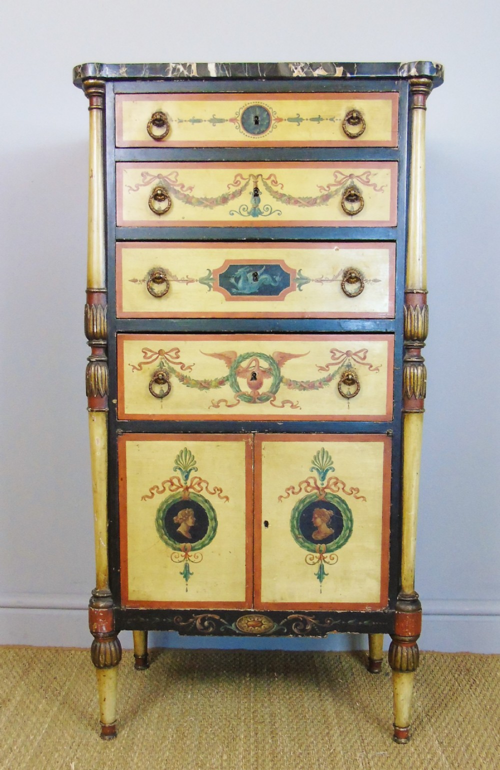 Antique Hand Painted Regency Marble Top Cabinet