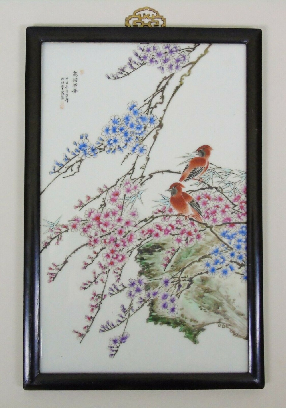 Antique Chinese Porcelain Plaque in Hardwood Frame Birds & Blossom