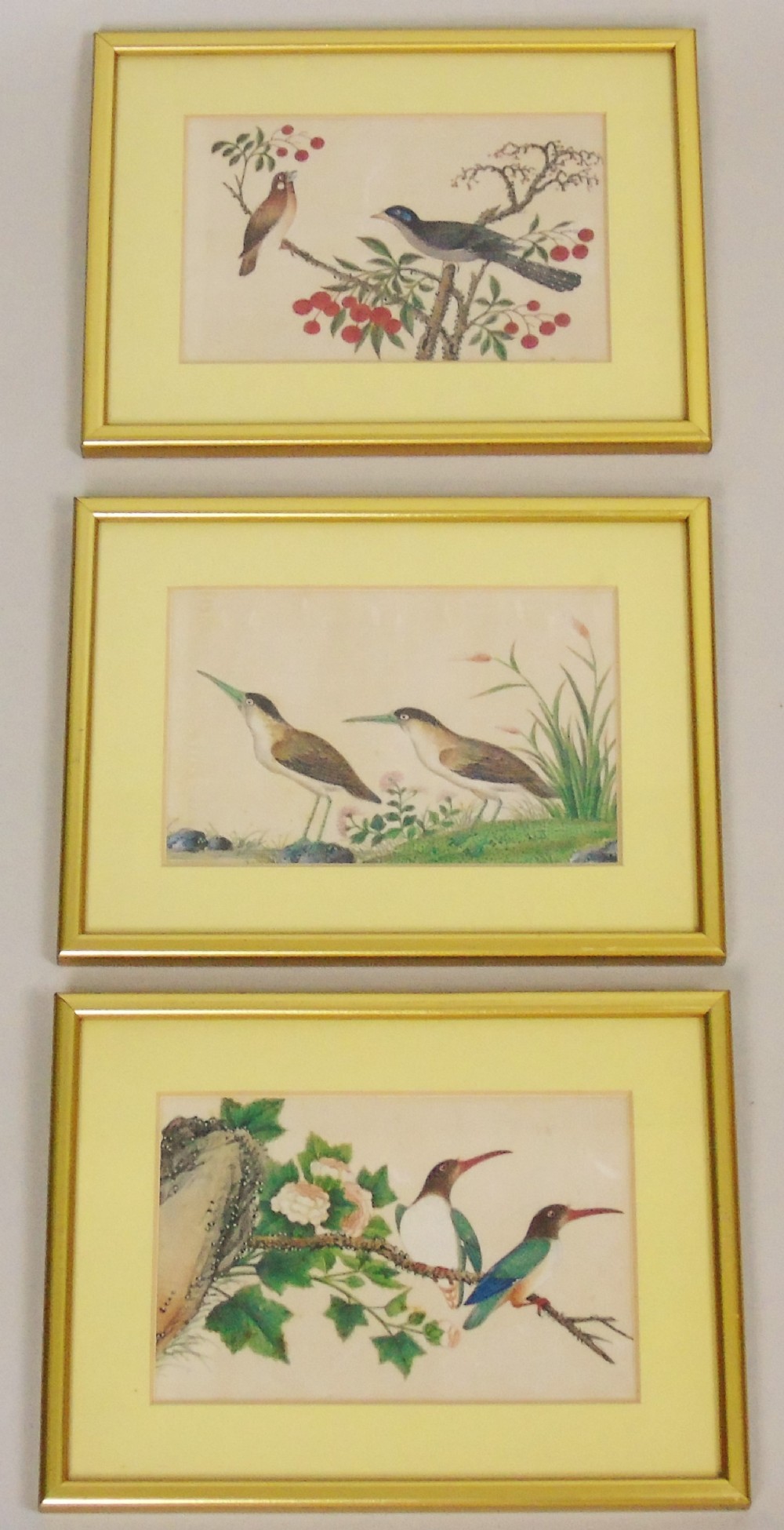 Good Set of Three Antique Chinese Pith Paintings Birds