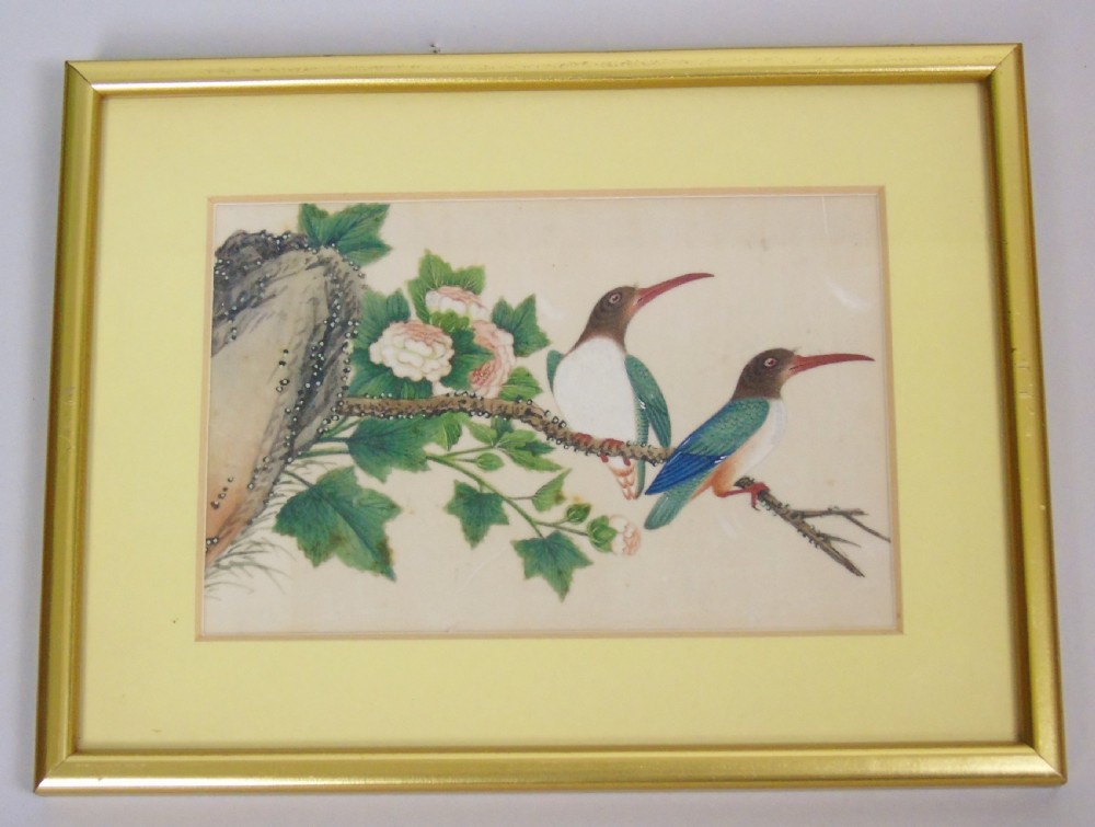 Good Set of Three Antique Chinese Pith Paintings Birds View V