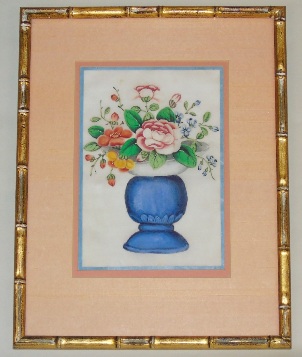 Good Set of Three Antique Chinese Pith Paintings Urn of Flowers View II