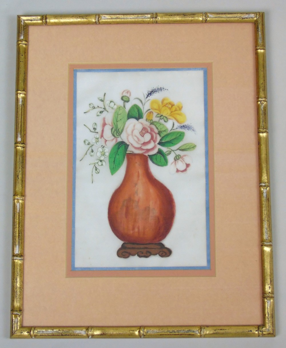 Good Set of Three Antique Chinese Pith Paintings Urn of Flowers View V