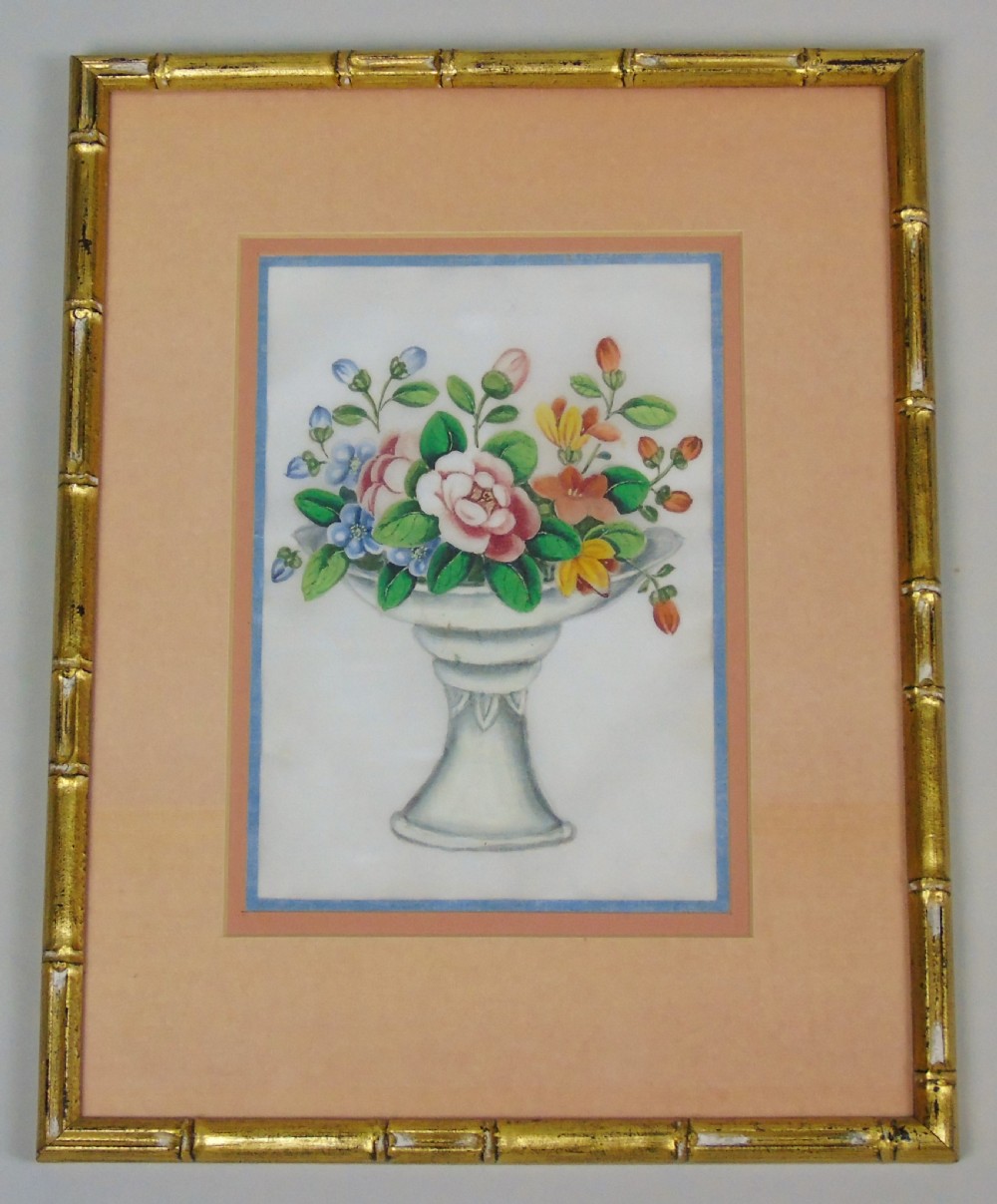 Good Set of Three Antique Chinese Pith Paintings Urn of Flowers View VII