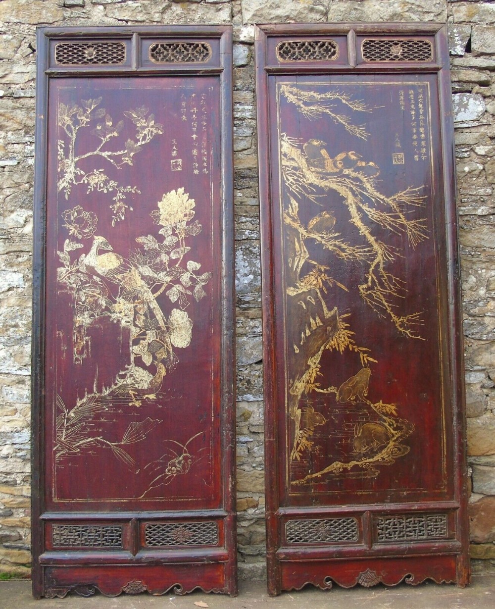 Impressive Pair of Chinese Chinoiserie Lacquered Panels