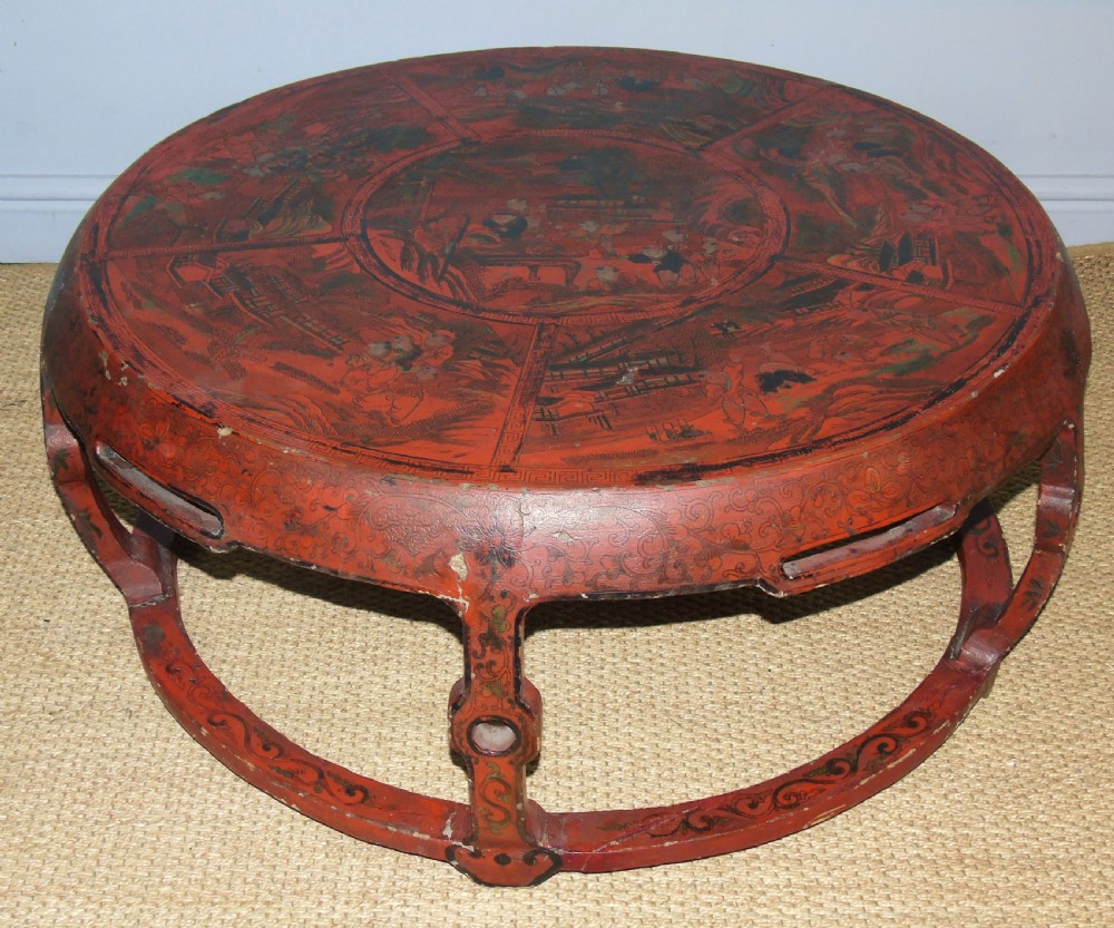 Antique Chinese Drum Table Red Lacquer View II