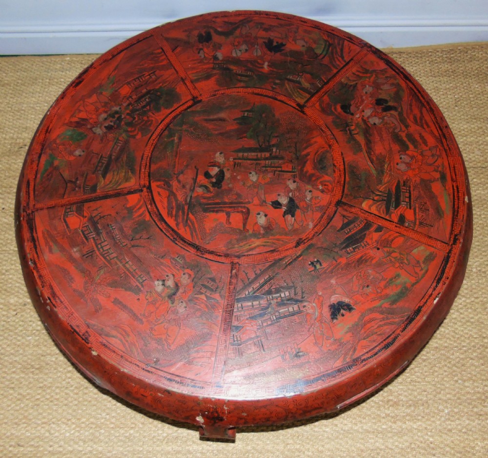 Antique Chinese Drum Table Red Lacquer View III