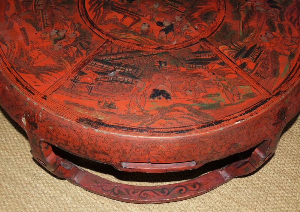 Antique Chinese Drum Table Red Lacquer View IV