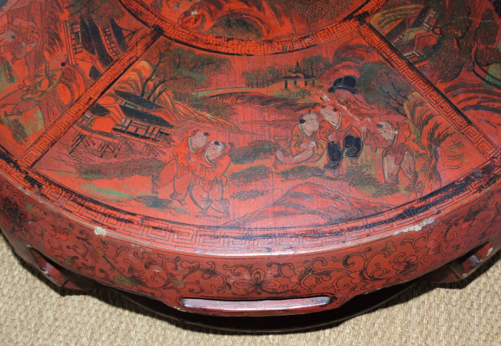 Antique Chinese Drum Table Red Lacquer View V