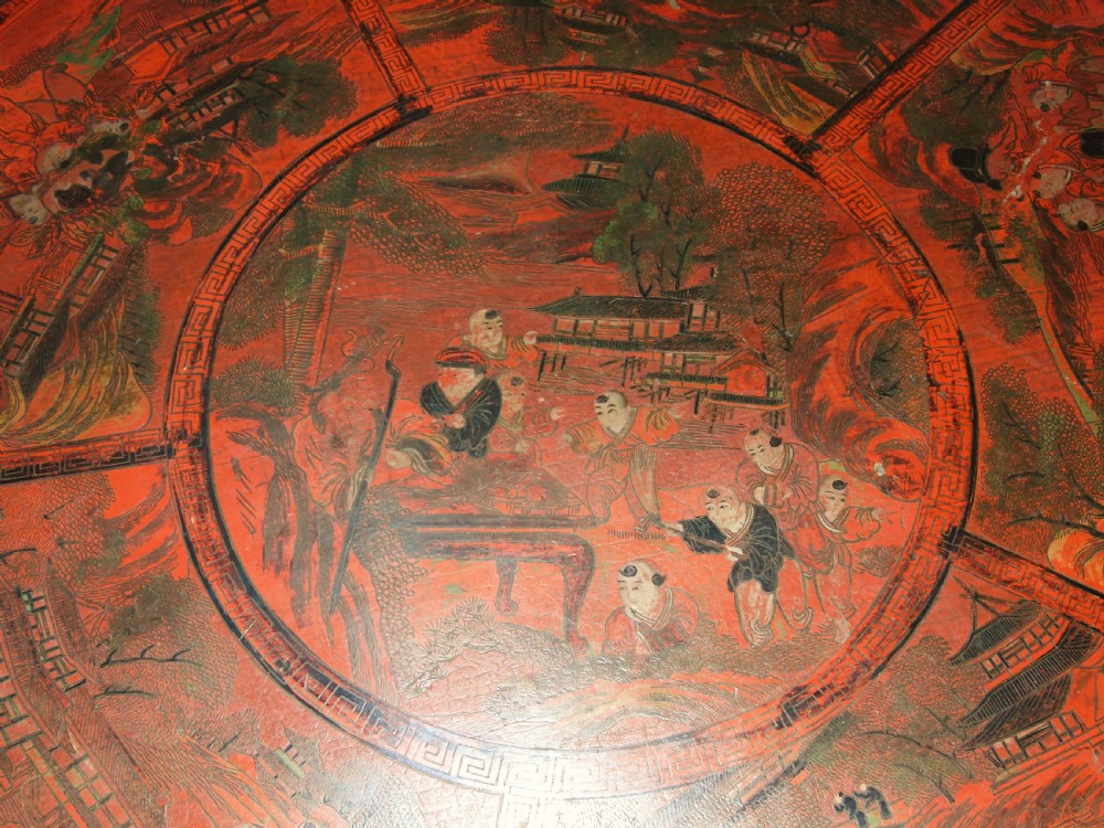 Antique Chinese Drum Table Red Lacquer View VI