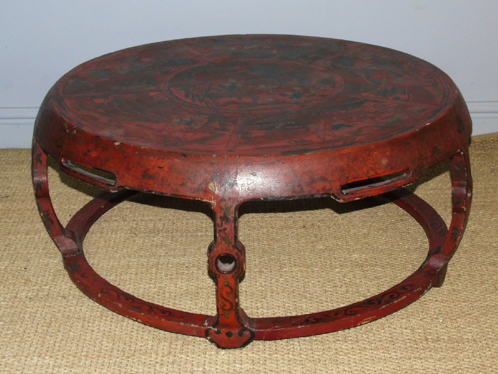 Antique Chinese Drum Table Red Lacquer View VII