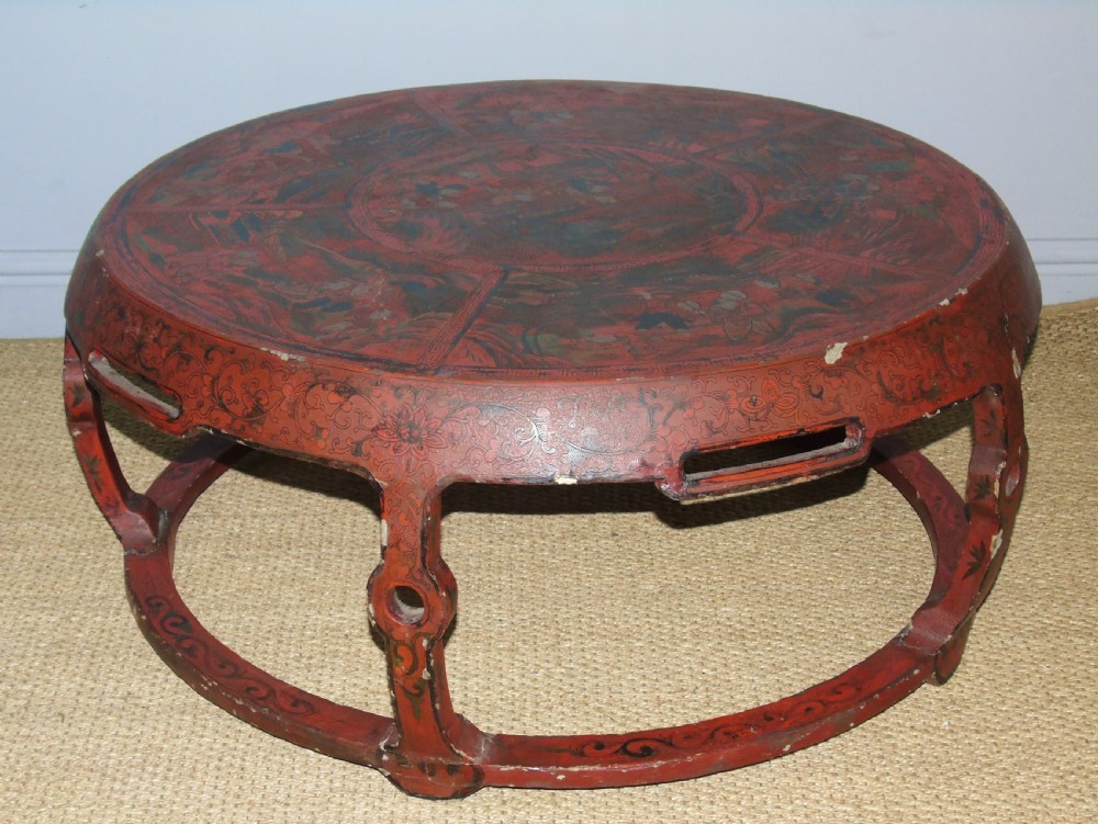 Antique Chinese Drum Table Red Lacquer View VIII