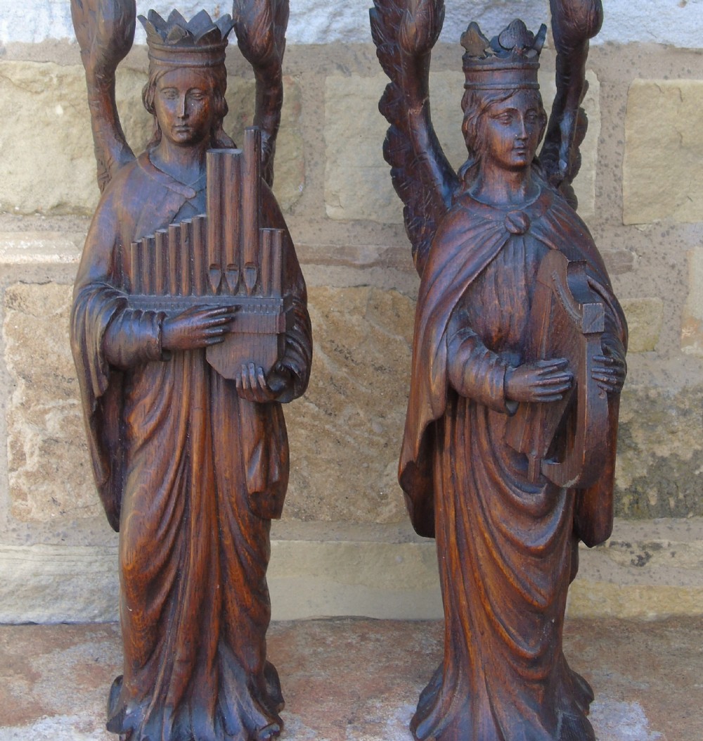 Good Pair of Carved Oak Angels 19th Century View IX