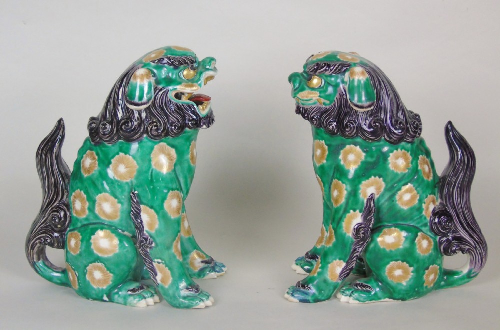 Superb Pair of 19th Century Japanese Porcelain Dogs of Fo Temple Guardians View II