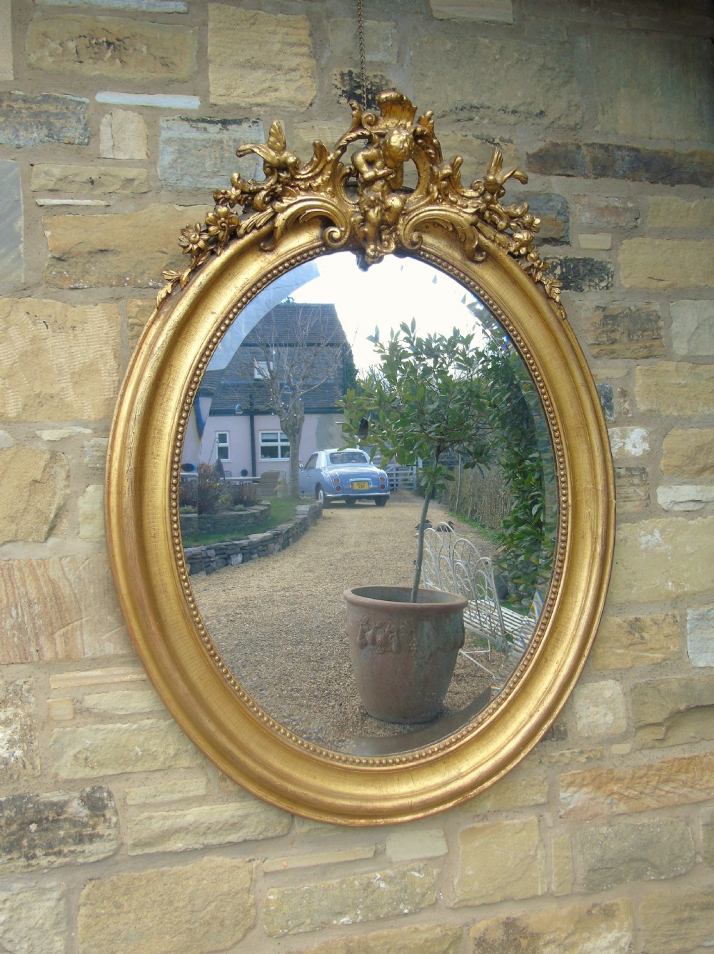 Large Antique French Oval Giltwood and Gesso Mirror View III