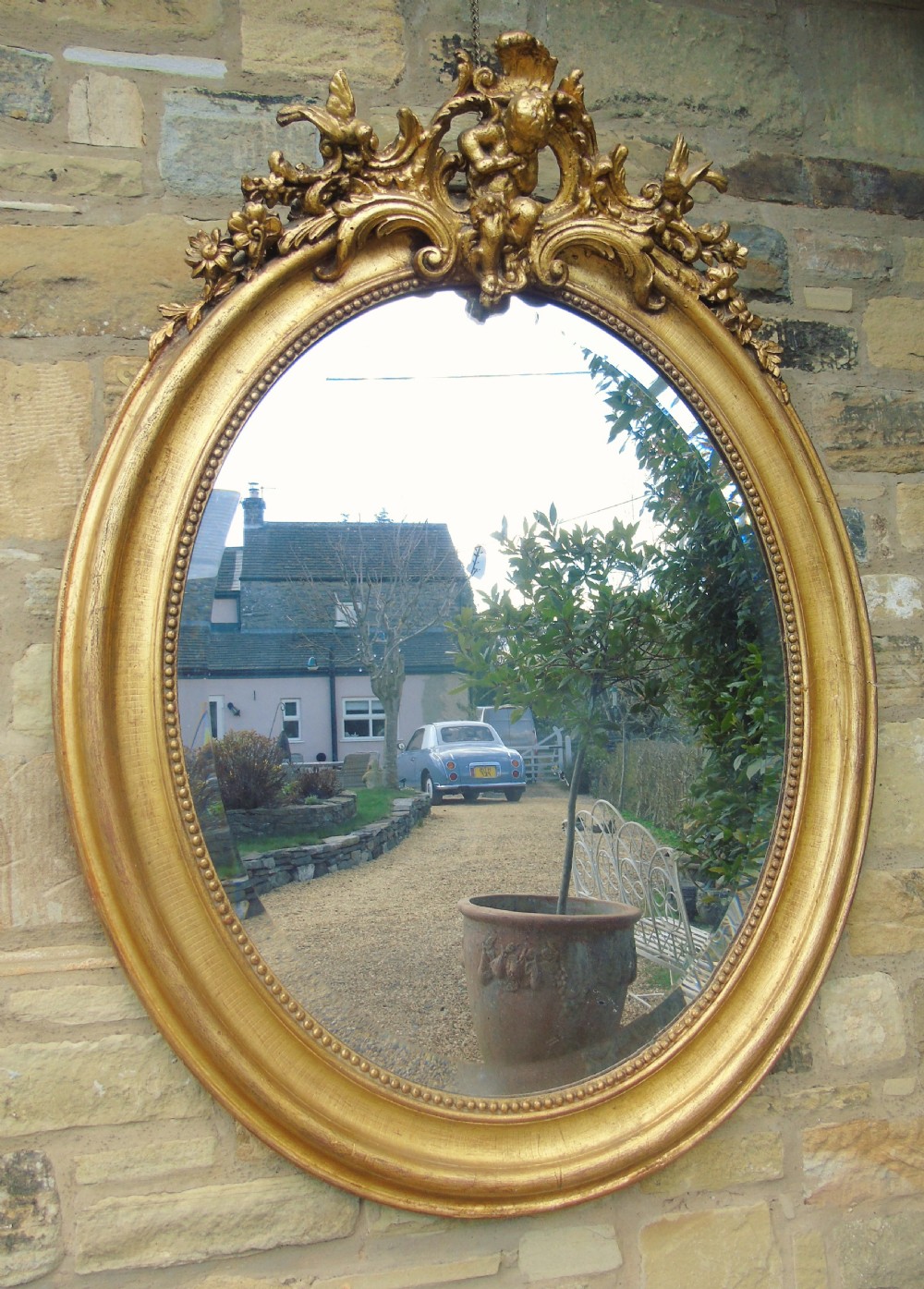 Large Antique French Oval Giltwood and Gesso Mirror View IV