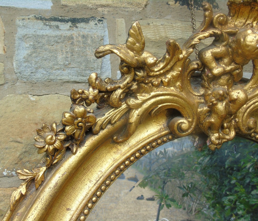 Large Antique French Oval Giltwood and Gesso Mirror View VI