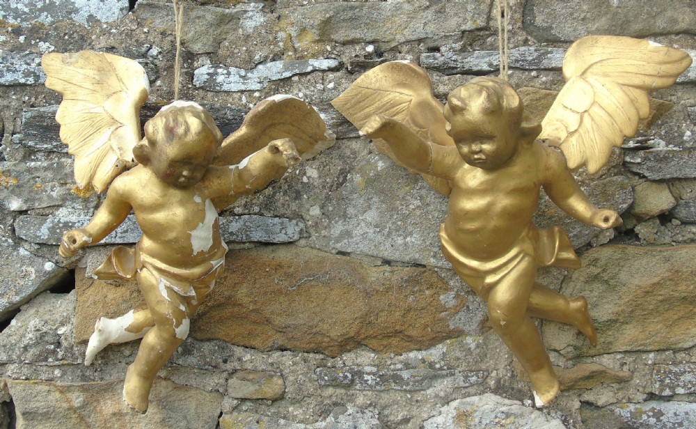 Antique Giltwood and Gesso Pair of Cherubs View V