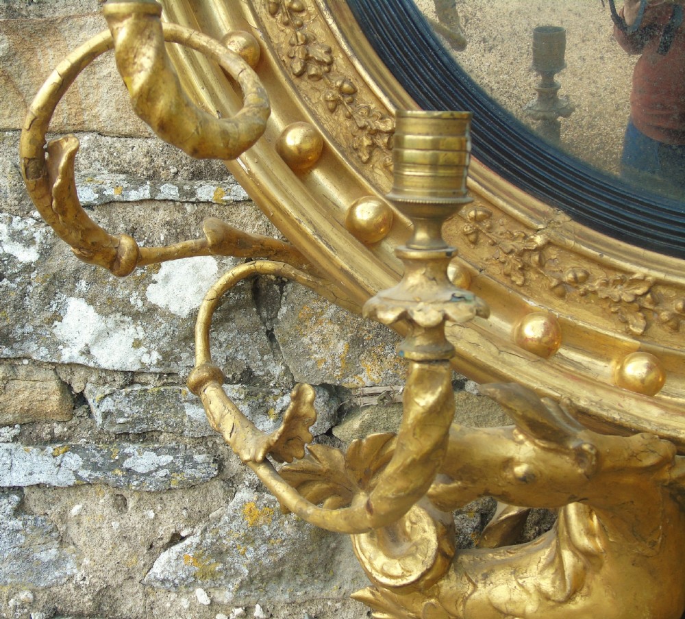 Fine Regency Giltwood and Gesso Girandole Convex Mirror View V