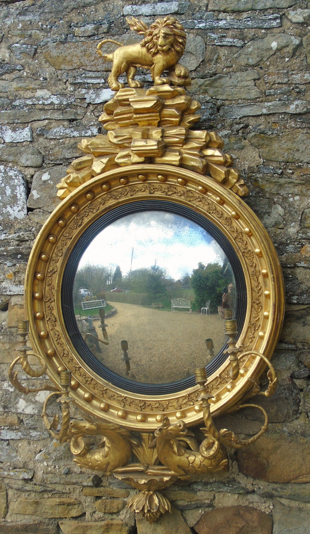 Fine Regency Giltwood and Gesso Girandole Convex Mirror View VI