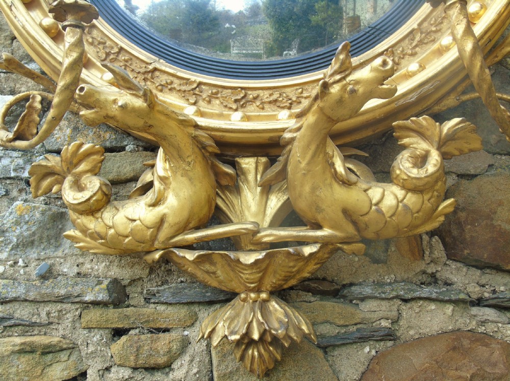 Fine Regency Giltwood and Gesso Girandole Convex Mirror View X