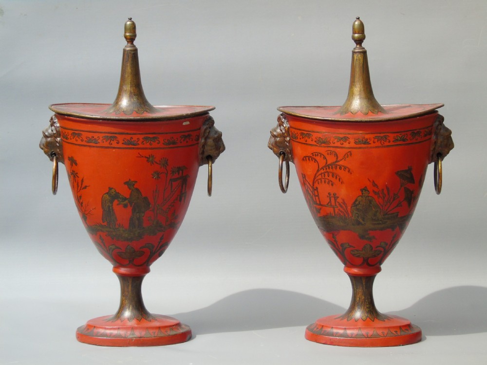 Antique Pair Regency Toleware Chestnut Urns and Covers