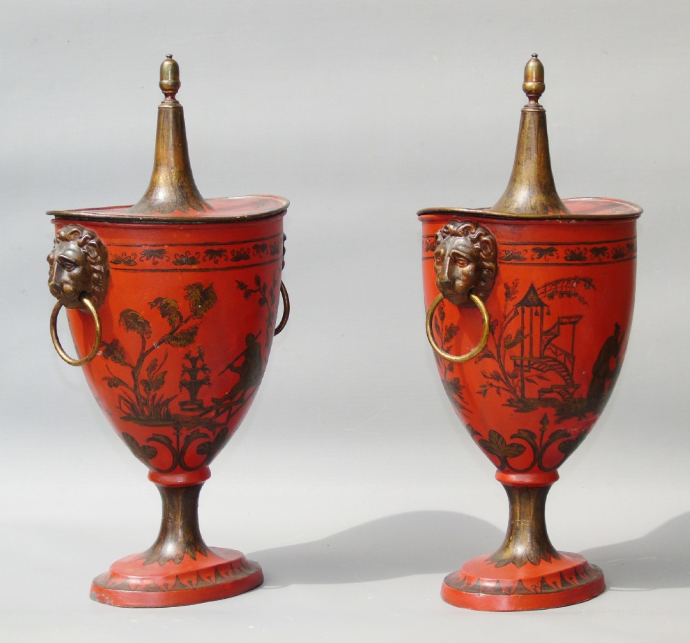 Antique Pair Regency Toleware Chestnut Urns and Covers View II