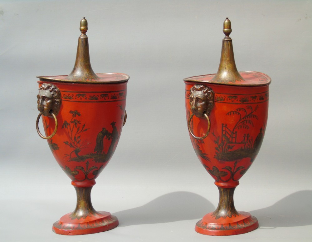 Antique Pair Regency Toleware Chestnut Urns and Covers View IV